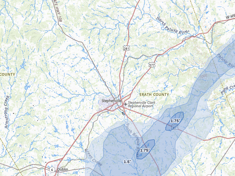 NEXRAD radar-signature map of the hail storm over Stephenville, TX on Mar 4, 2026