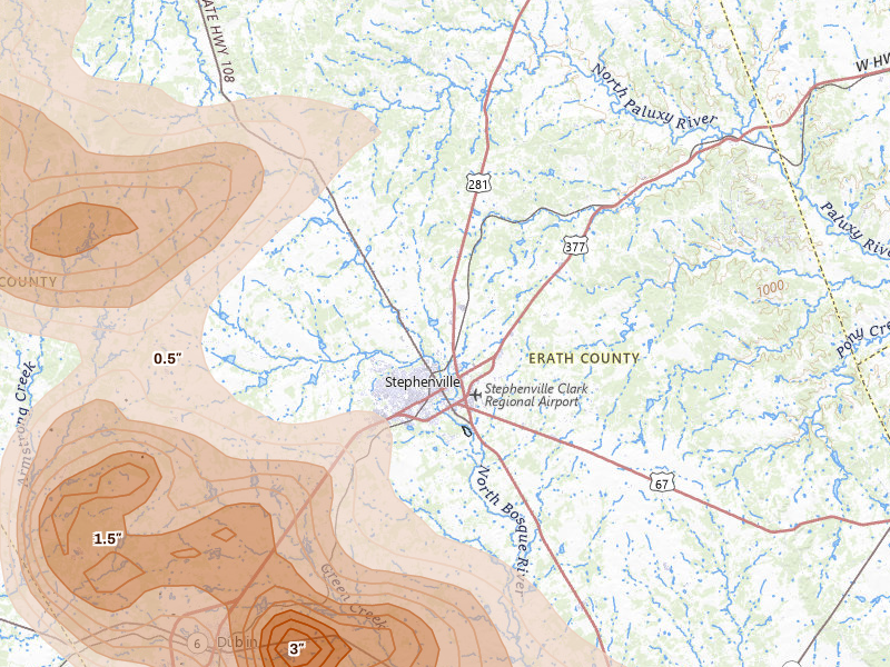 Radar-estimated hail-size map of the storm over Stephenville, TX on May 10, 2026