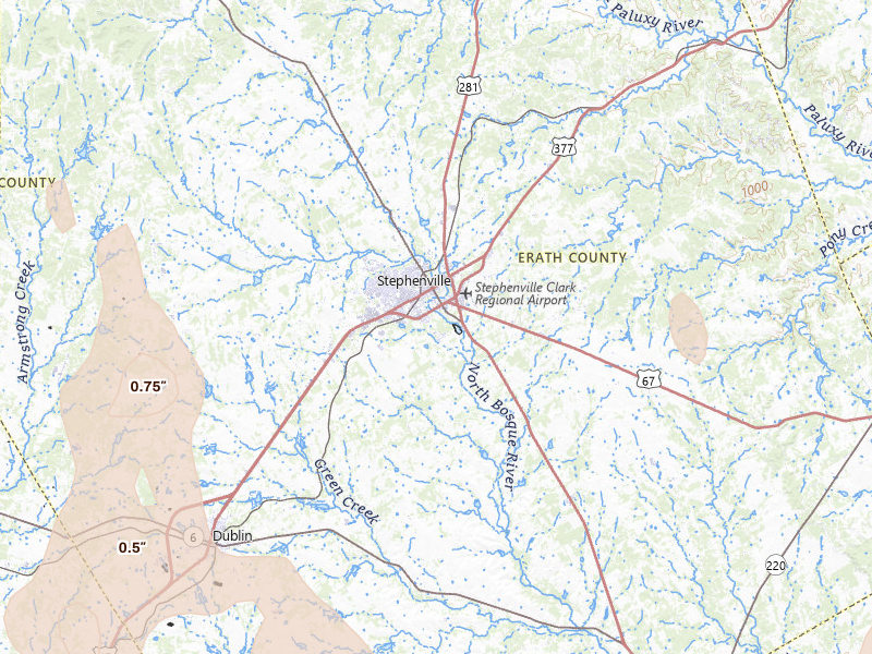 Radar-estimated hail-size map of the storm over Stephenville, TX on May 22, 2026