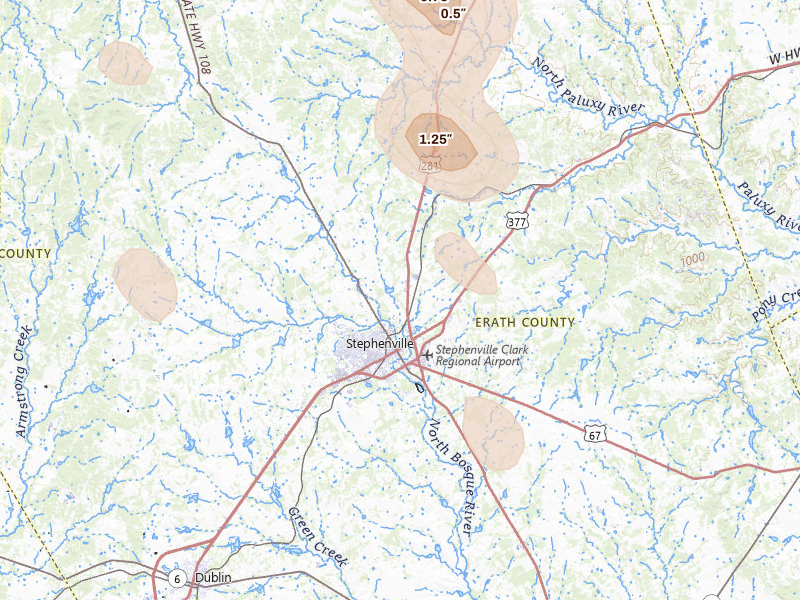 Radar-estimated hail-size map of the storm over Stephenville, TX on May 28, 2026