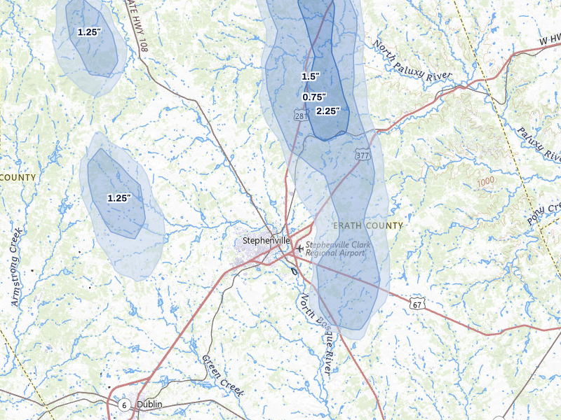 NEXRAD radar-signature map of the hail storm over Stephenville, TX on May 28, 2026