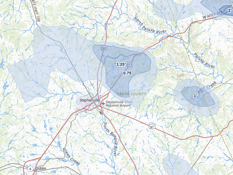 NEXRAD radar-signature map of the hail over Stephenville, TX