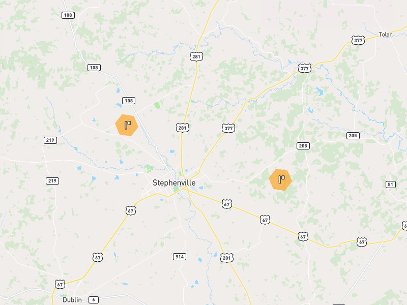 Hail map of Stephenville, TX on Jun 6, 2026, hail up to 1"