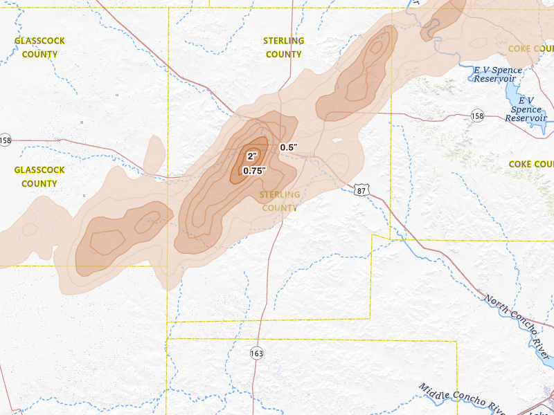 Radar-estimated hail-size map of the storm over Sterling City, TX on Mar 6, 2026