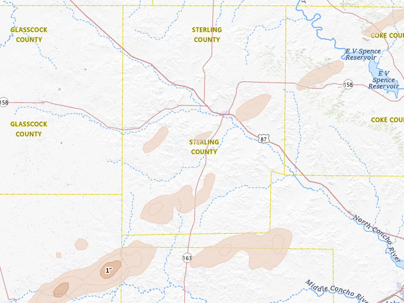 Radar-estimated hail-size map of the storm over Sterling City, TX on Apr 17, 2026