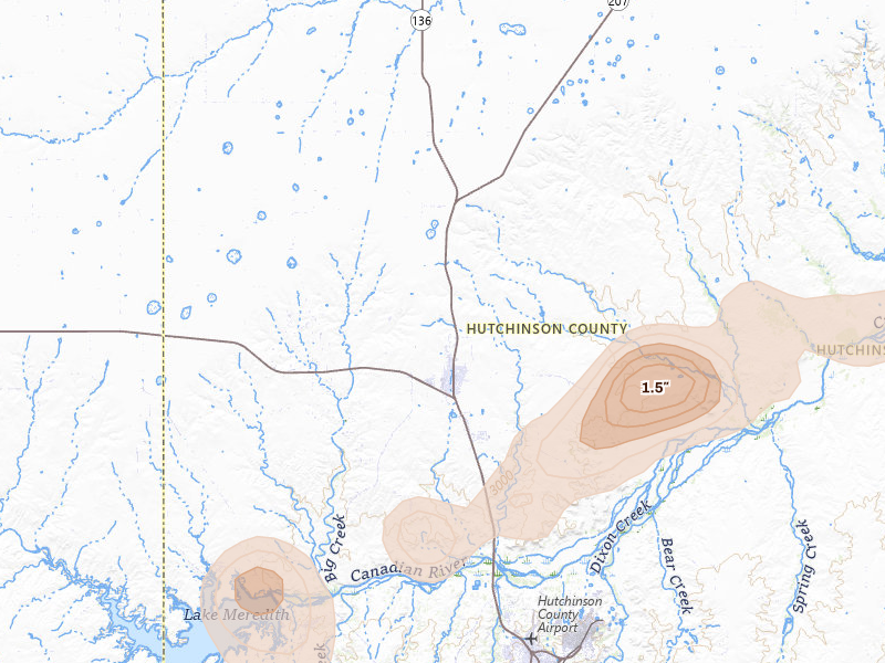 Radar-estimated hail-size map of the storm over Stinnett, TX on May 22, 2026