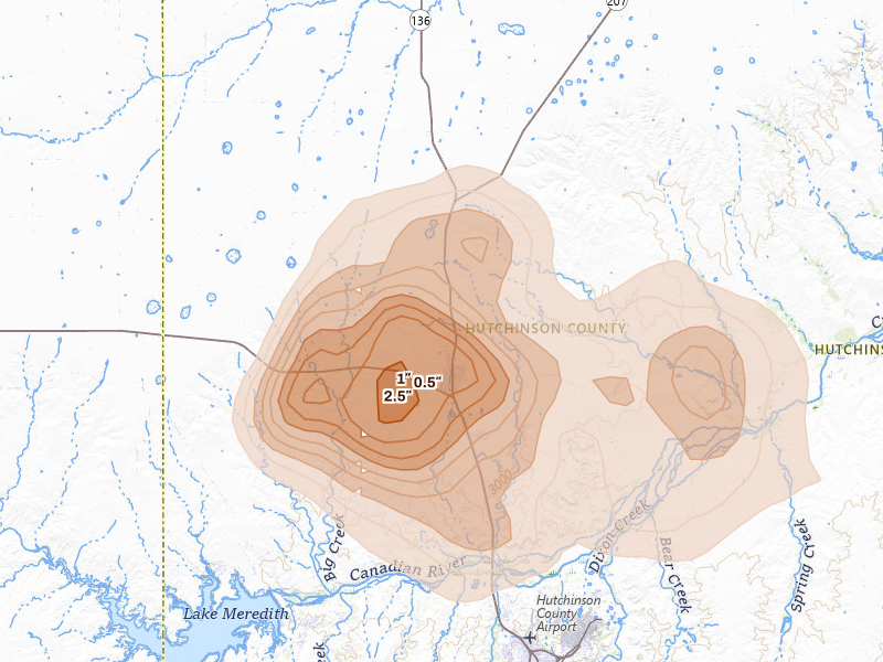 Radar-estimated hail-size map of the storm over Stinnett, TX on Jun 1, 2026