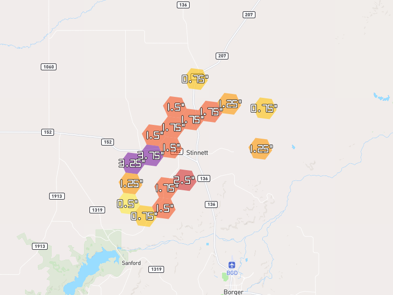 Hail map of Stinnett, TX on Jun 1, 2026, hail up to 3.75"