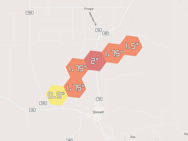 Hail map of Stinnett, TX on Jun 4, 2026, hail up to 2"