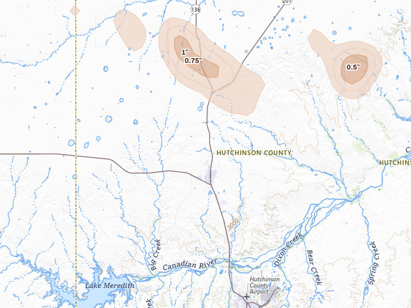 Radar-estimated hail-size map of the storm over Stinnett, TX on Jun 5, 2026