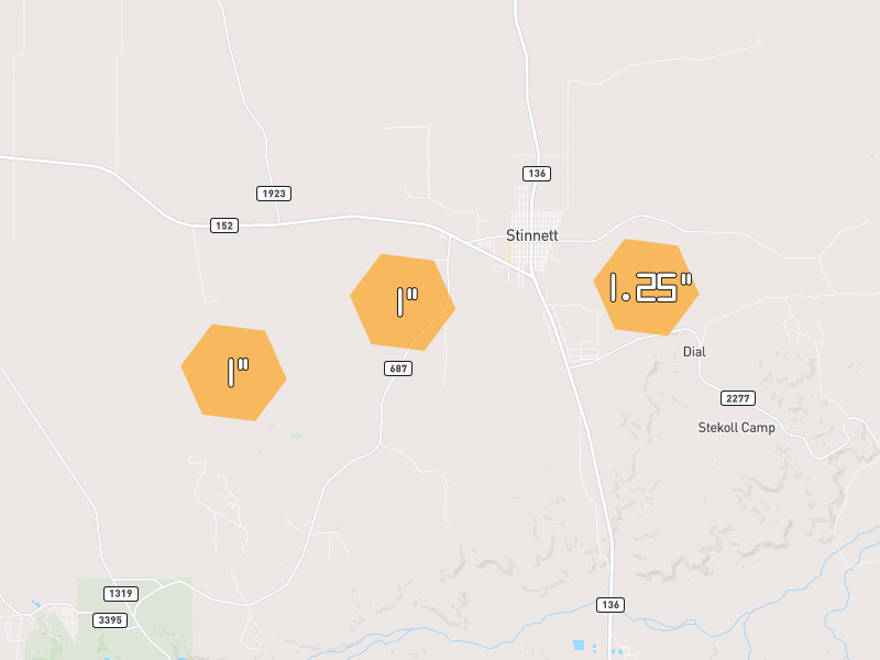 Hail map of Stinnett, TX on Jun 27, 2026, hail up to 1.25"