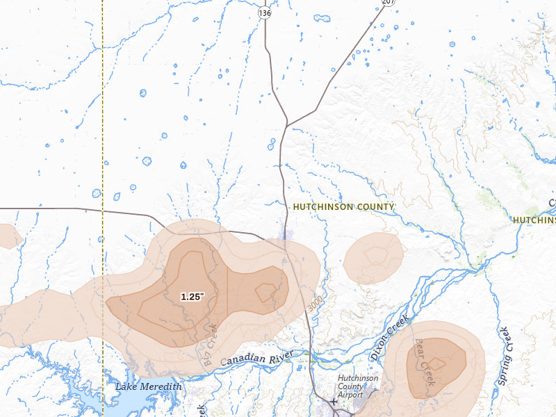 Radar-estimated hail-size map of the storm over Stinnett, TX on Jul 5, 2026