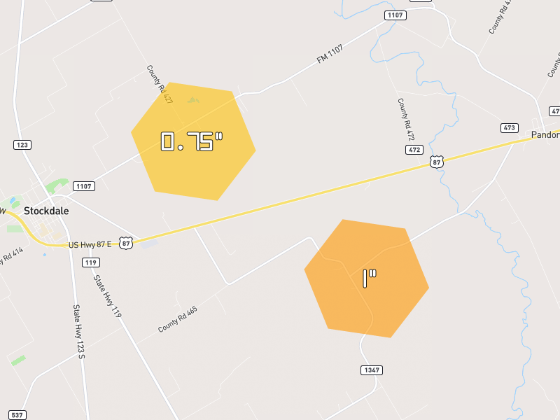 Hail map of Stockdale, TX on Jul 7, 2026, hail up to 1"
