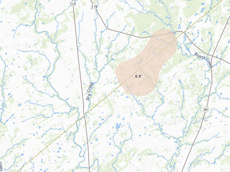 Radar-estimated hail-size map of the storm over Stockdale, TX on Aug 27, 2026