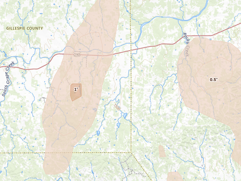 Radar-estimated hail-size map of the storm over Stonewall, TX on May 26, 2026