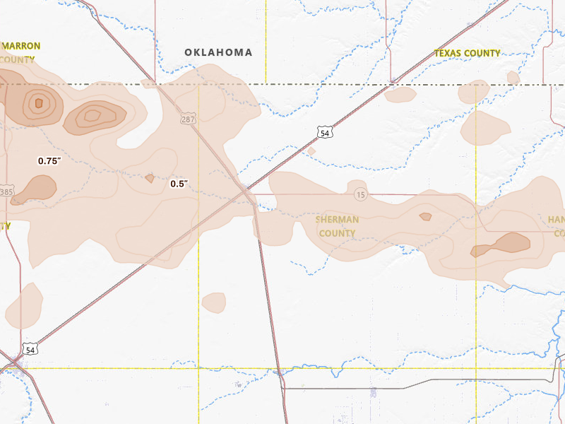 Radar-estimated hail-size map of the storm over Stratford, TX on Jun 26, 2026