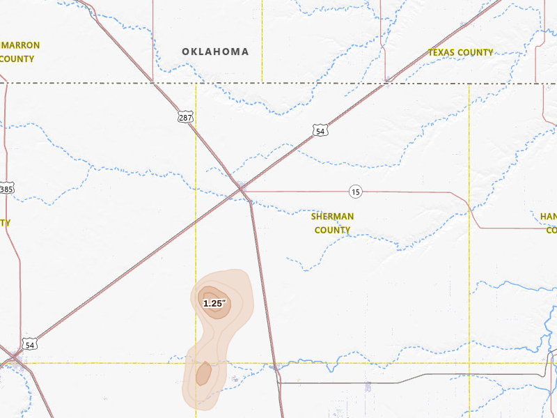 Radar-estimated hail-size map of the storm over Stratford, TX on Jul 5, 2026