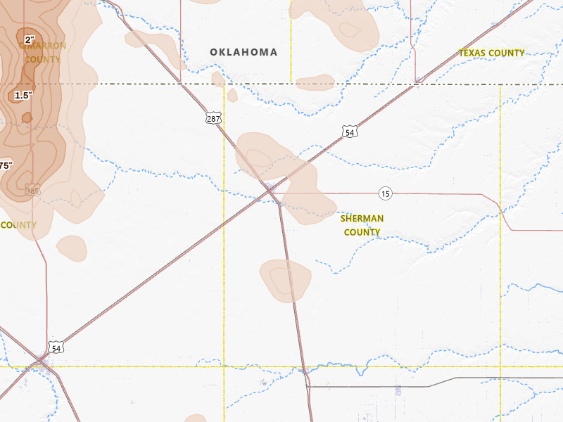 Radar-estimated hail-size map of the storm over Stratford, TX on Aug 6, 2026