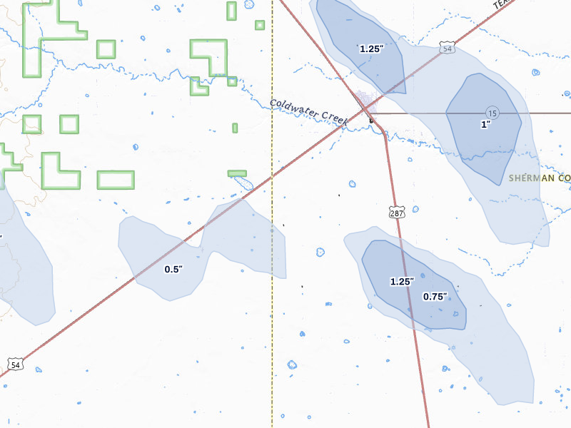 NEXRAD radar-signature map of the hail storm over Stratford, TX on Aug 6, 2026