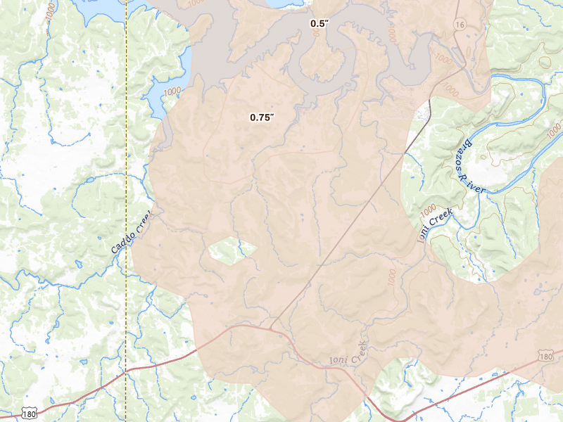 Radar-estimated hail-size map of the storm over Strawn, TX on Jun 18, 2026
