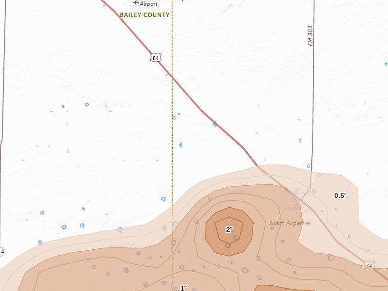 Radar-estimated hail-size map of the storm over Sudan, TX on Jun 23, 2026