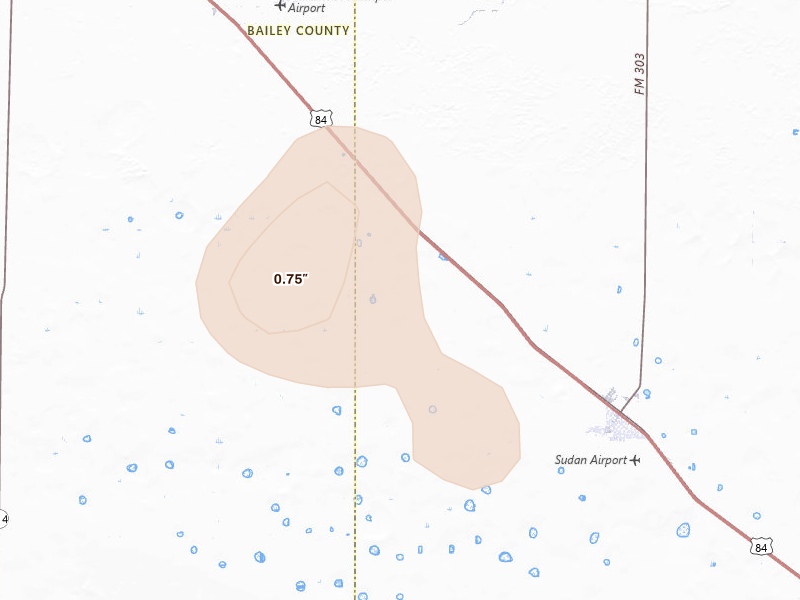 Radar-estimated hail-size map of the storm over Sudan, TX on Jul 5, 2026