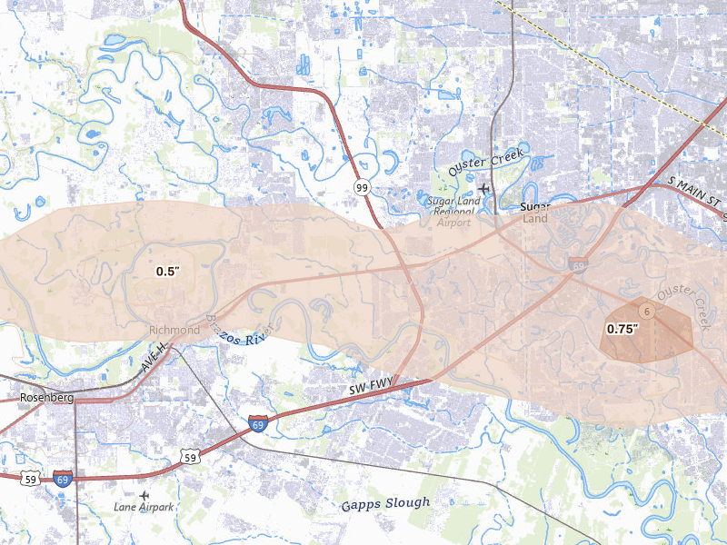 Radar-estimated hail-size map of the storm over Sugar Land, TX on Apr 30, 2026