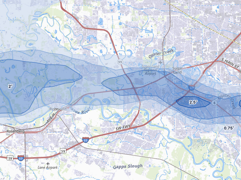 NEXRAD radar-signature map of the hail storm over Sugar Land, TX on Apr 30, 2026