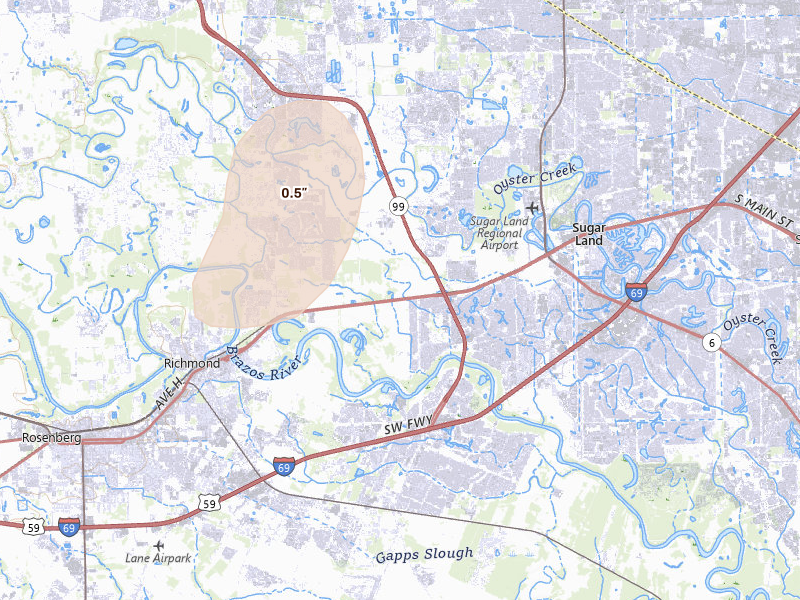 Radar-estimated hail-size map of the storm over Sugar Land, TX on Jun 2, 2026