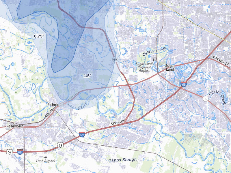 NEXRAD radar-signature map of the hail over Sugar Land, TX