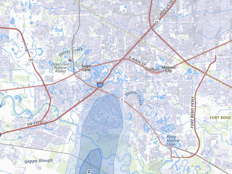 NEXRAD radar-signature map of the hail storm over Sugar Land, TX on Aug 28, 2026