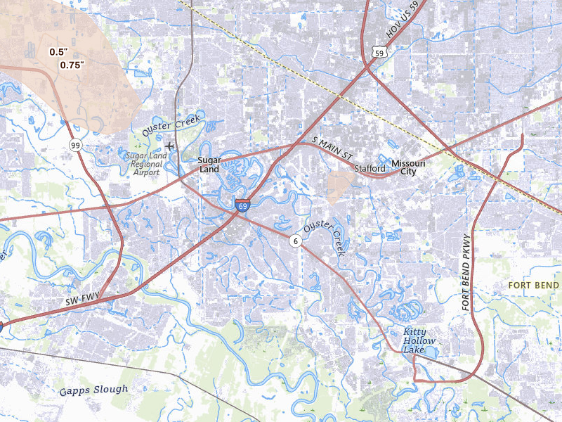 Radar-estimated hail-size map of the storm over Sugar Land, TX