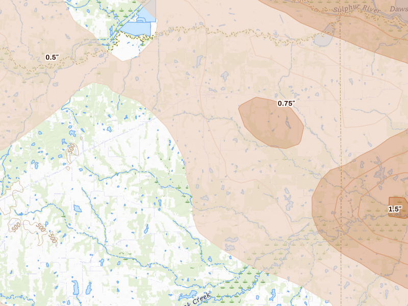 Radar-estimated hail-size map of the storm over Sulphur Bluff, TX on Apr 24, 2026