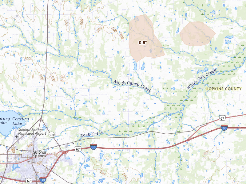 Radar-estimated hail-size map of the storm over Sulphur Springs, TX on Mar 15, 2026