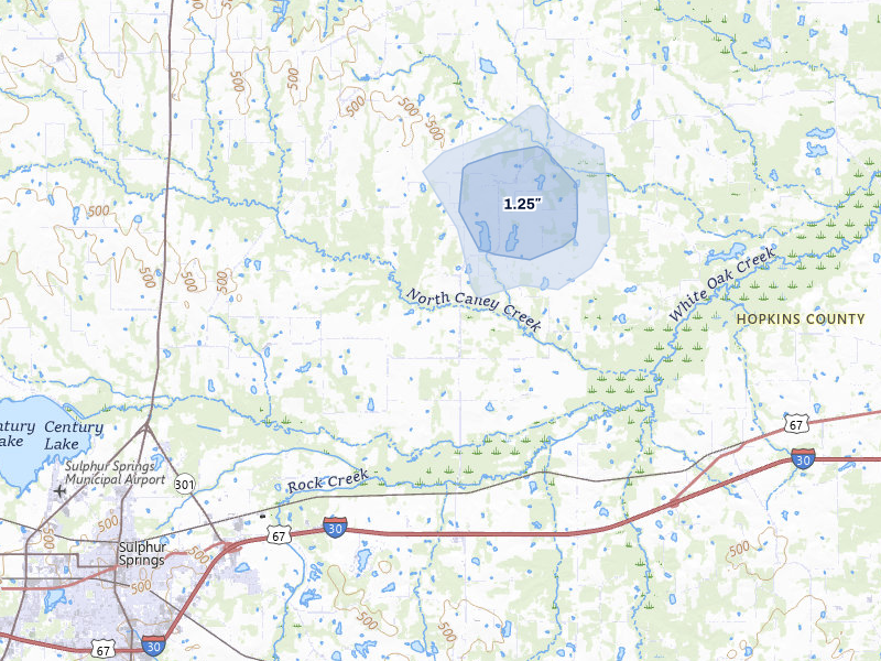 NEXRAD radar-signature map of the hail over Sulphur Springs, TX