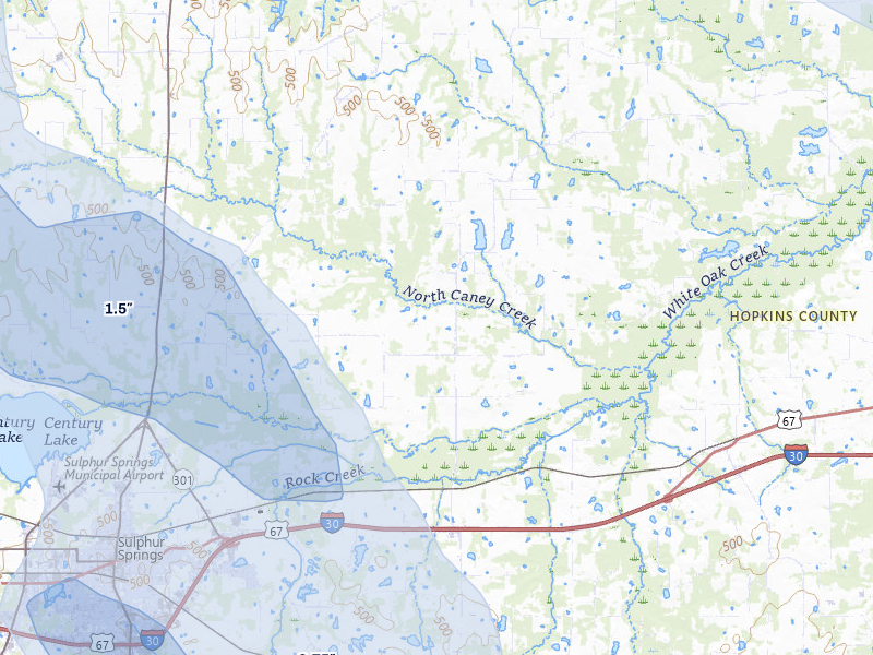 NEXRAD radar-signature map of the hail over Sulphur Springs, TX
