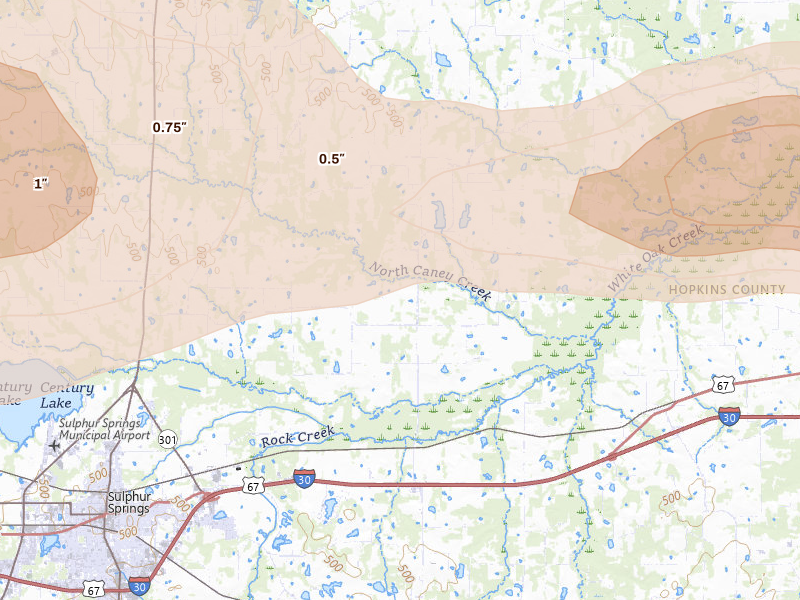 Radar-estimated hail-size map of the storm over Sulphur Springs, TX on Apr 27, 2026
