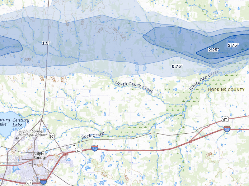 NEXRAD radar-signature map of the hail over Sulphur Springs, TX