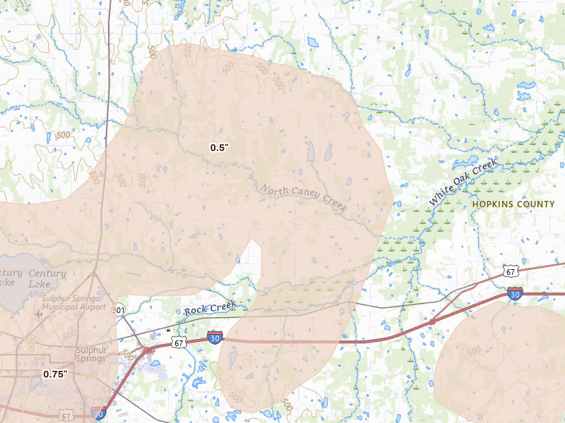 Radar-estimated hail-size map of the storm over Sulphur Springs, TX on May 22, 2026