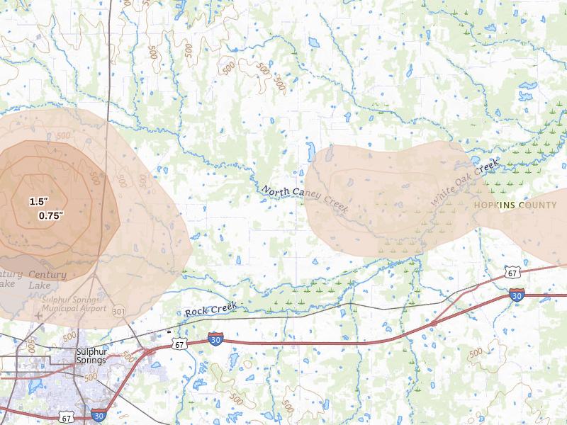 Radar-estimated hail-size map of the storm over Sulphur Springs, TX on Jul 6, 2026