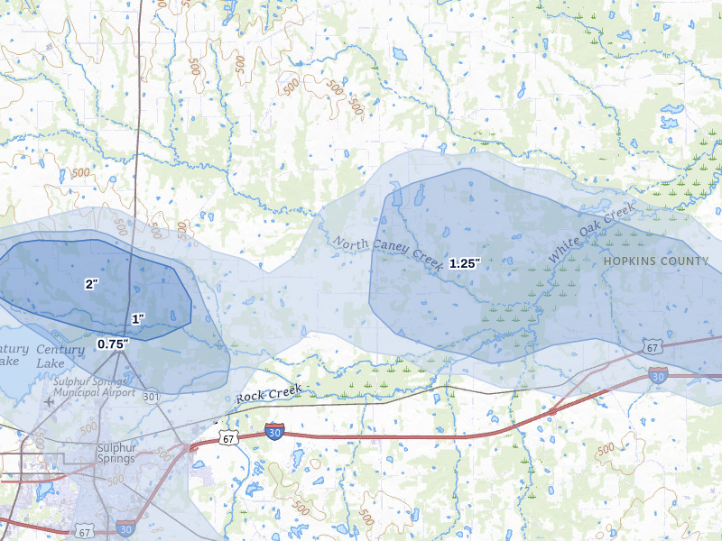 NEXRAD radar-signature map of the hail storm over Sulphur Springs, TX on Jul 6, 2026