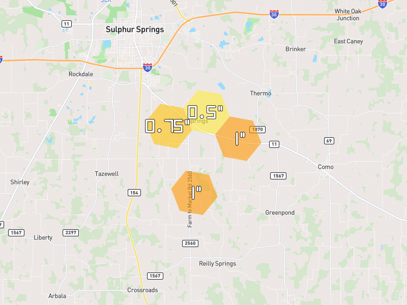 Hail map of Sulphur Springs, TX on Jul 6, 2026, hail up to 1"