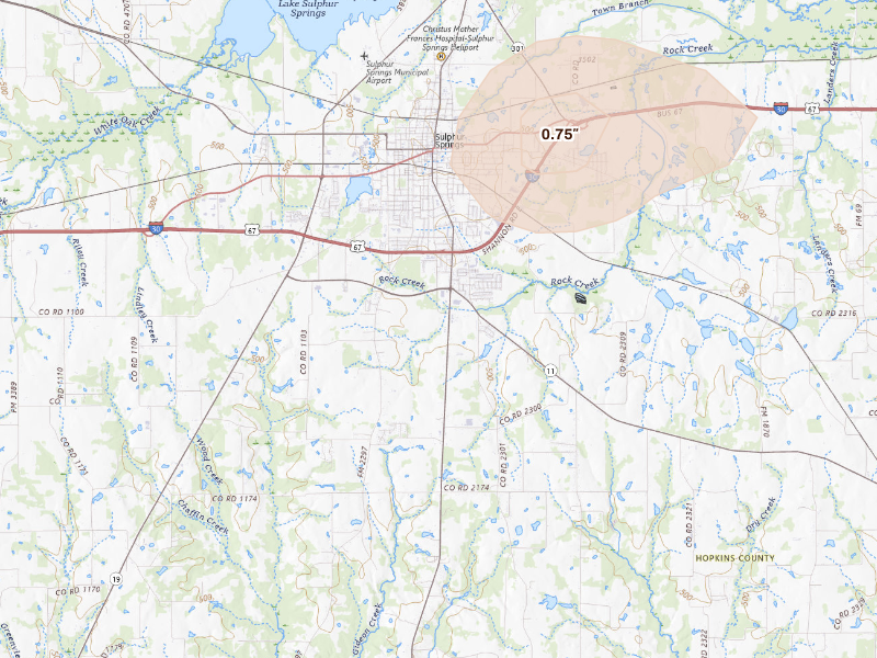 Radar-estimated hail-size map of the storm over Sulphur Springs, TX
