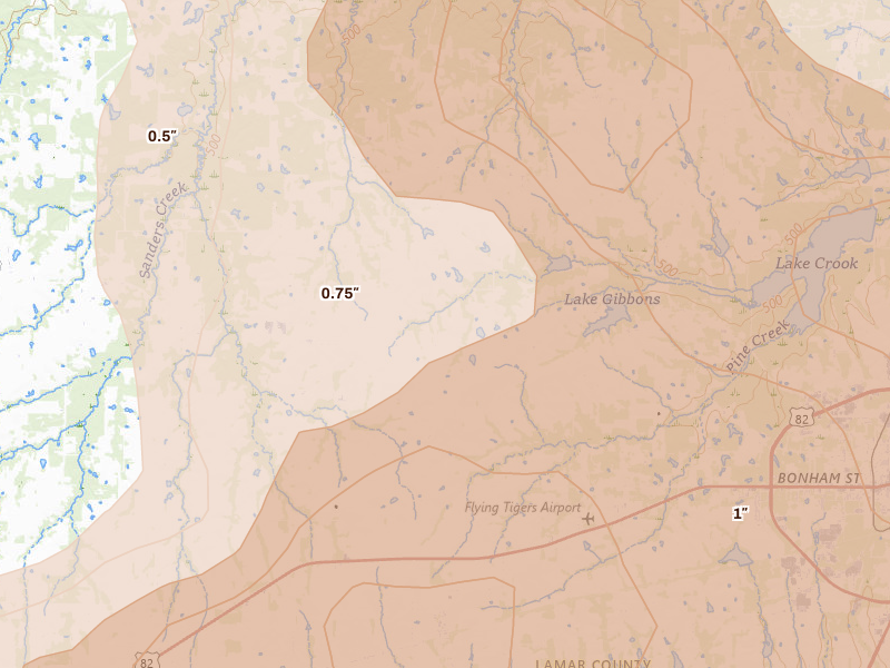 Radar-estimated hail-size map of the storm over Sumner, TX on Apr 24, 2026