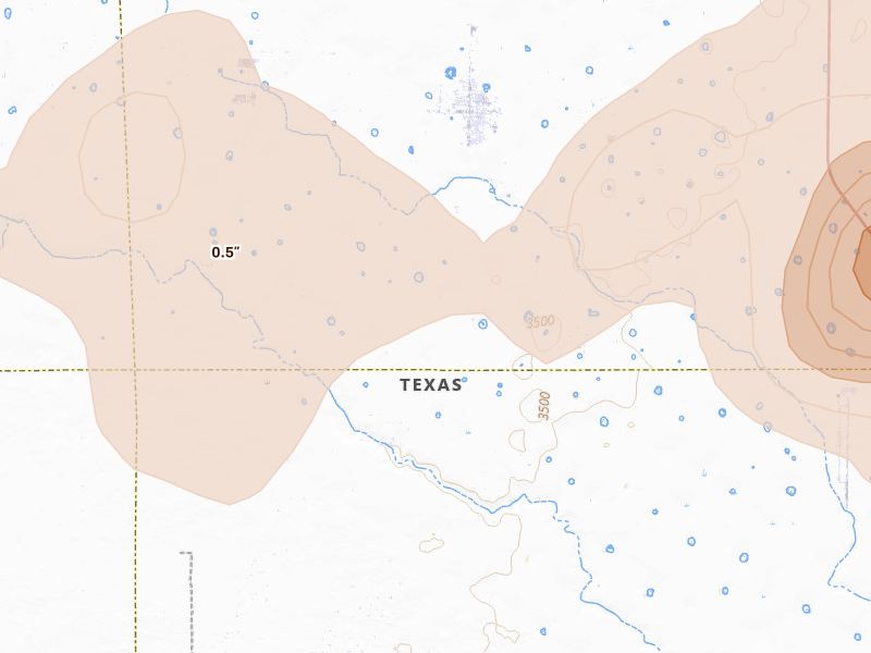 Radar-estimated hail-size map of the storm over Sundown, TX on Jun 8, 2026