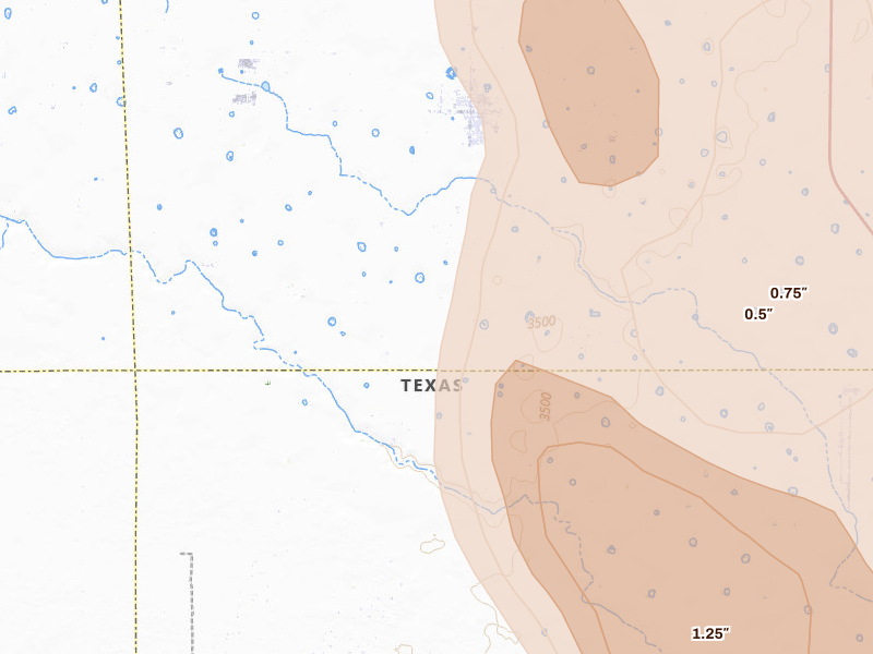 Radar-estimated hail-size map of the storm over Sundown, TX on Jun 23, 2026