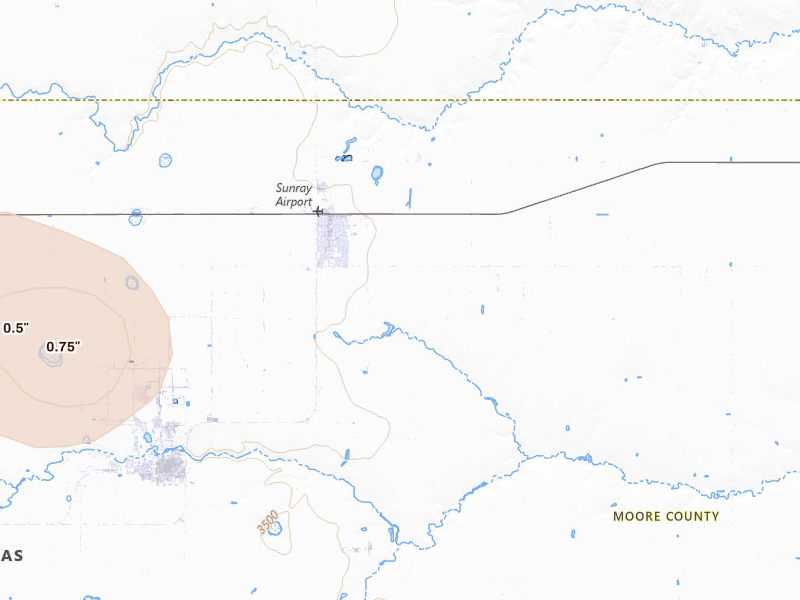 Radar-estimated hail-size map of the storm over Sunray, TX on Jul 1, 2026