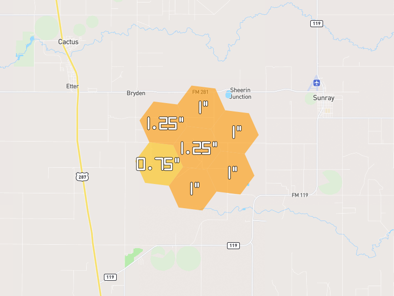 Hail map of Sunray, TX on Jul 1, 2026, hail up to 1.25"