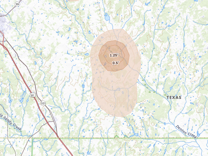 Radar-estimated hail-size map of the storm over Sunset, TX on May 24, 2026