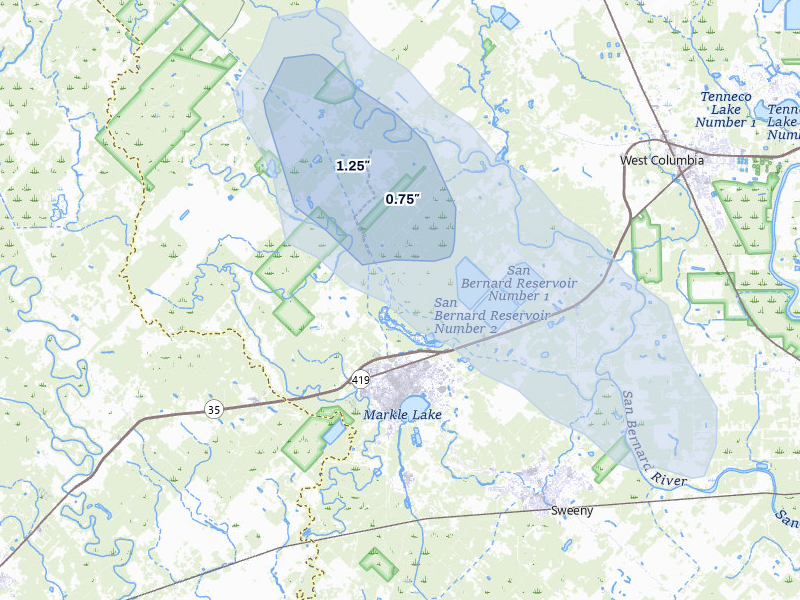 NEXRAD radar-signature map of the hail over Sweeny, TX